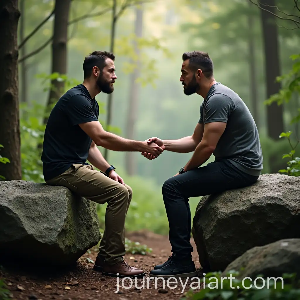 Forest-Encounter-Tense-Handshake-Between-Two-Men-on-Large-Rocks