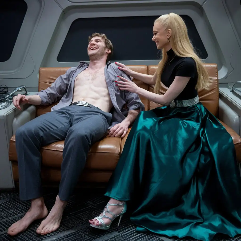 Caucasian-Man-and-Blonde-Woman-Relaxing-on-a-Spaceship-Sofa