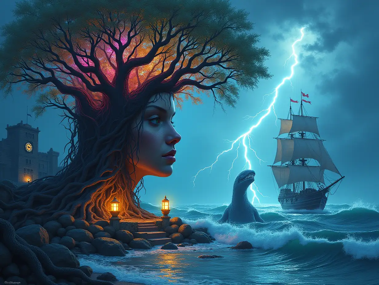 During the creation of a digital painting, a face with rainbow root hair transforms into a building with stones and lighting. Trees with roots and rocks and lantern at the sea, with large clock tower. Sailing ship with lanterns and a very large kraken. Very large waves and strange lightning