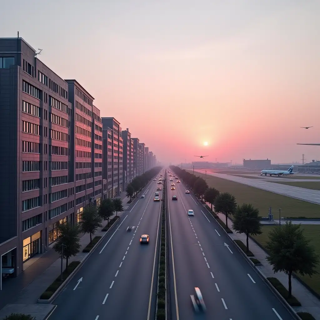 a broad street with 4 lanes of traffic, on the left are long paneled 9-storey buildings, on the first floor there are shops, on the right is a small airfield, small airplanes, pink sunset