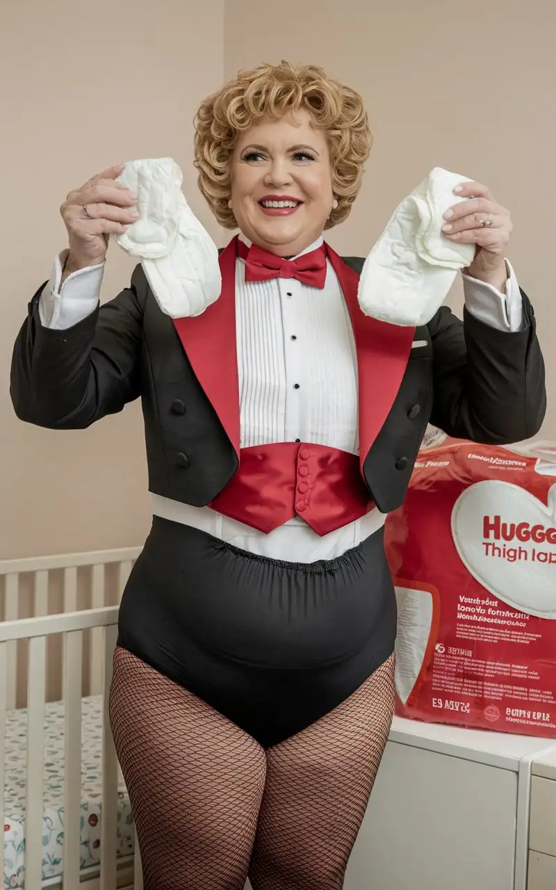 Smiling-Caucasian-Woman-in-Formal-Tuxedo-Changing-Baby-Diaper