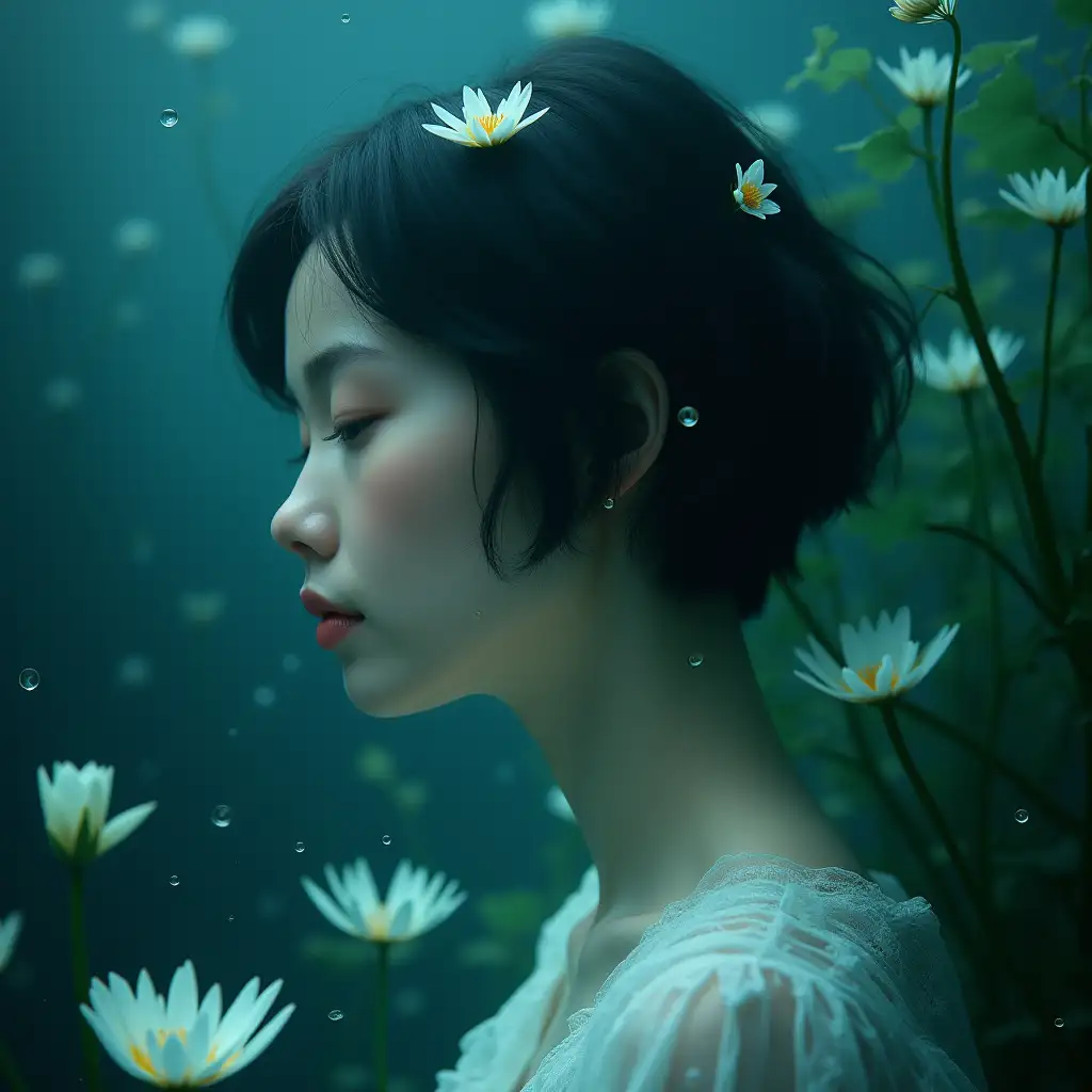 Underwater fantasy, ethereal portrait, surreal nature, double exposure, water lilies, aquatic plants, dark teal background, soft lighting, dream-like atmosphere, delicate white flowers, profile view, short dark hair, pale skin, mystical, serene expression, digital art, photorealistic, highly detailed, magical realism, underwater garden