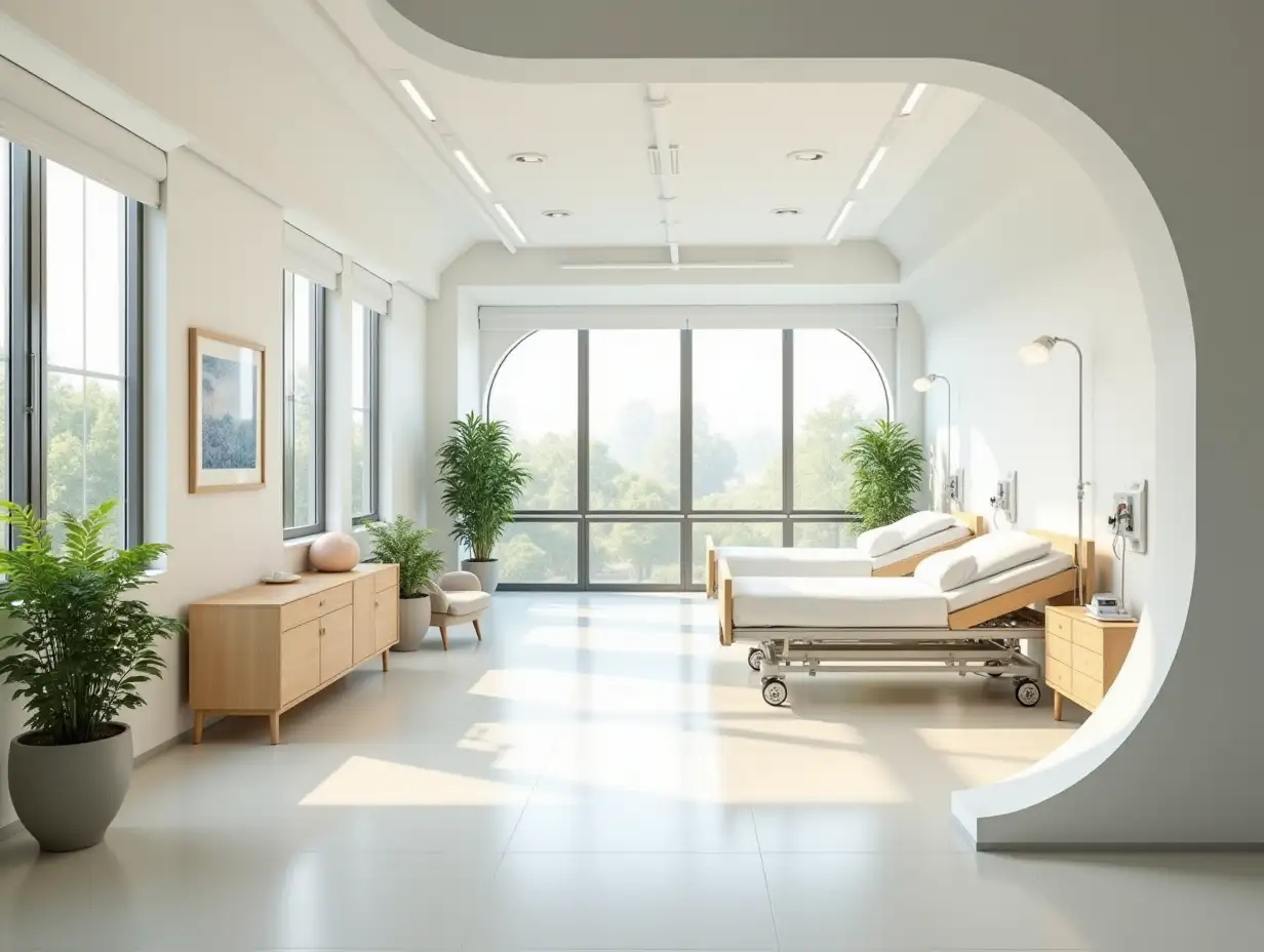 Modern Hospital Interior with Organic Architecture and Warm Ambiance