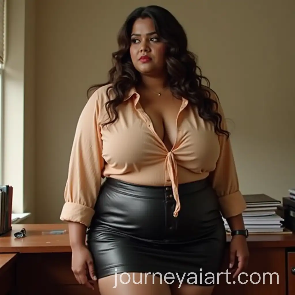 Curvy-Indian-Secretary-with-Large-Bust-in-Unbuttoned-Blouse-and-Mini-Skirt
