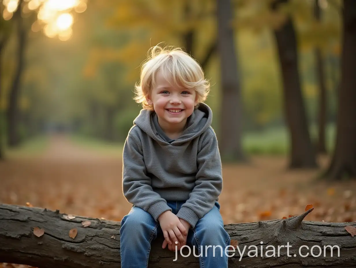 Smiling-5YearOld-Blond-Boy-Sitting-on-a-Fallen-Tree-in-Nature