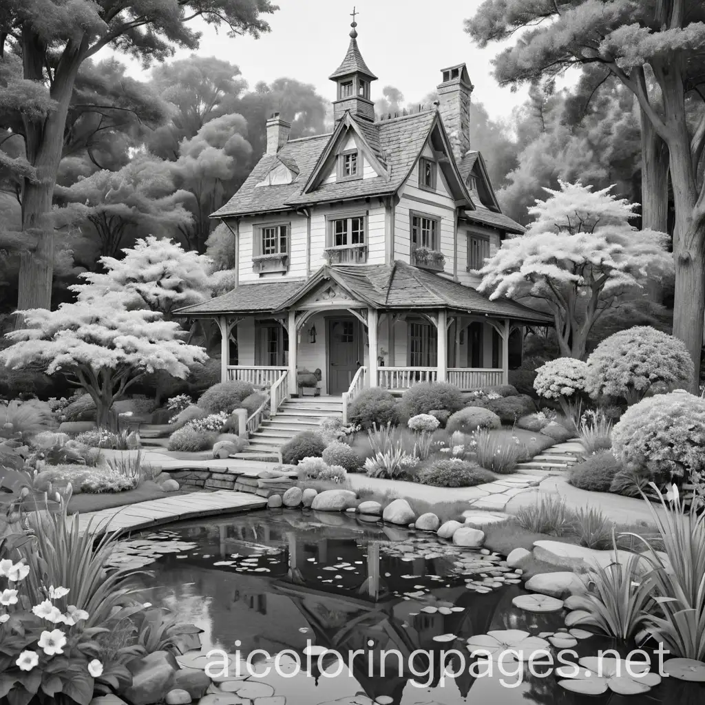 Wooden-House-Garden-Scene-Coloring-Page