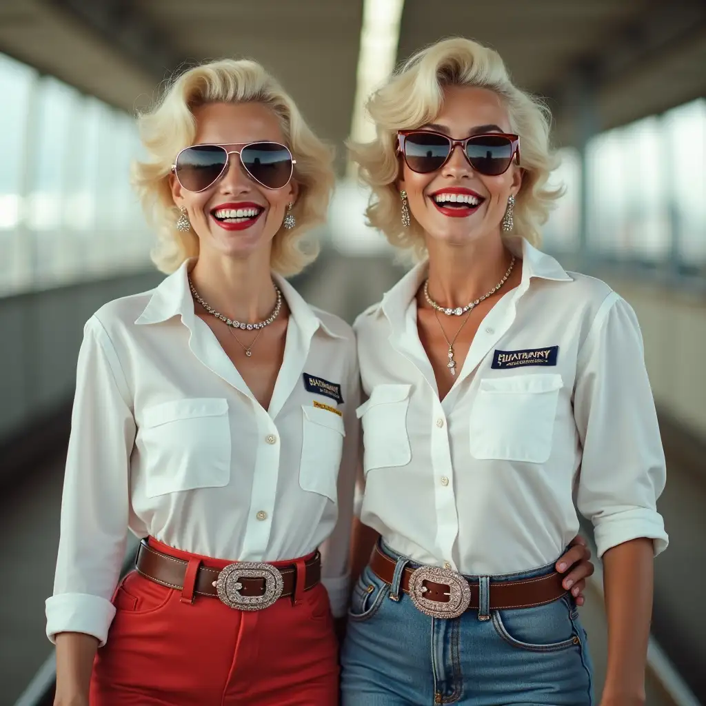 Prompt: two White glamour American lady with Marilyn Monroe face, wearing an white airport security shirt, laughing with her mouth open, red lipstick accentuating her smile, accessorized with a stylish belt, holding a leather whip, jewerly, aviator sunglasses, white skin, wide hips, two lady walking on rails, kenya