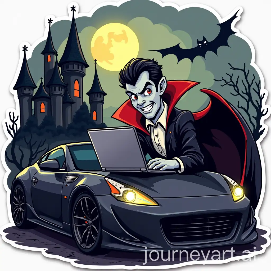 Cartoon-Dracula-Working-on-Laptop-with-Expensive-Car-and-Castle-Under-the-Moonlight