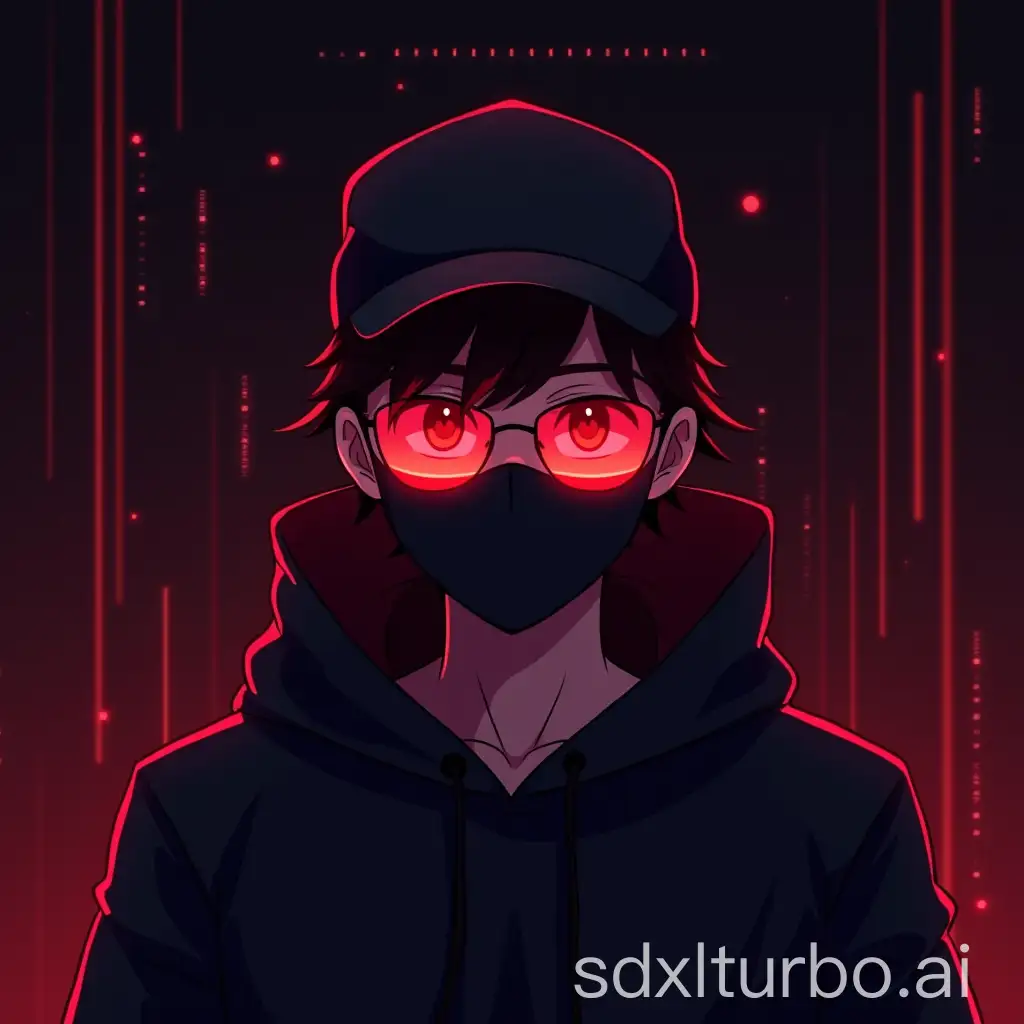 Create an anime-style digital avatar of a developer wearing a dark hoodie with subtle red highlights, a face mask, and a cap. The character has futuristic, reflective glasses with a soft red glow, giving a tech-inspired look. The background should be minimal, with dark red or maroon neon lines or code-like elements to match the red theme. Keep the design clean and bold, with an anime-style look that focuses on simple, sharp details.