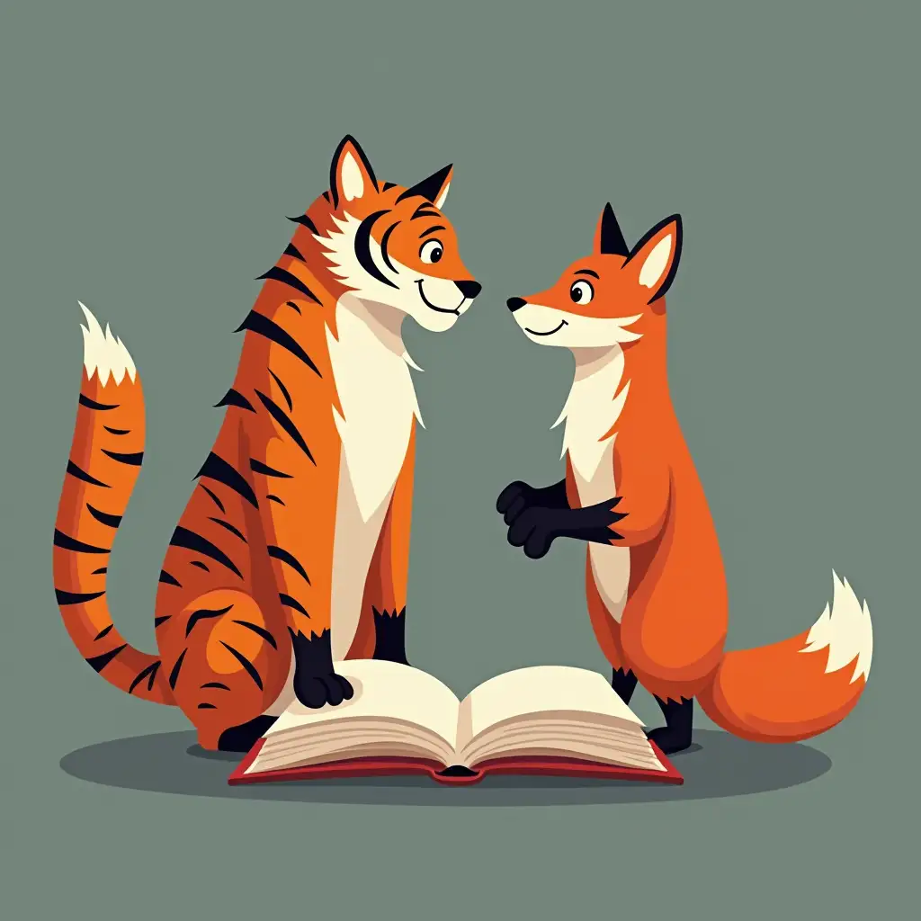 Majestic Tiger and Cunning Fox Facing an Open Book