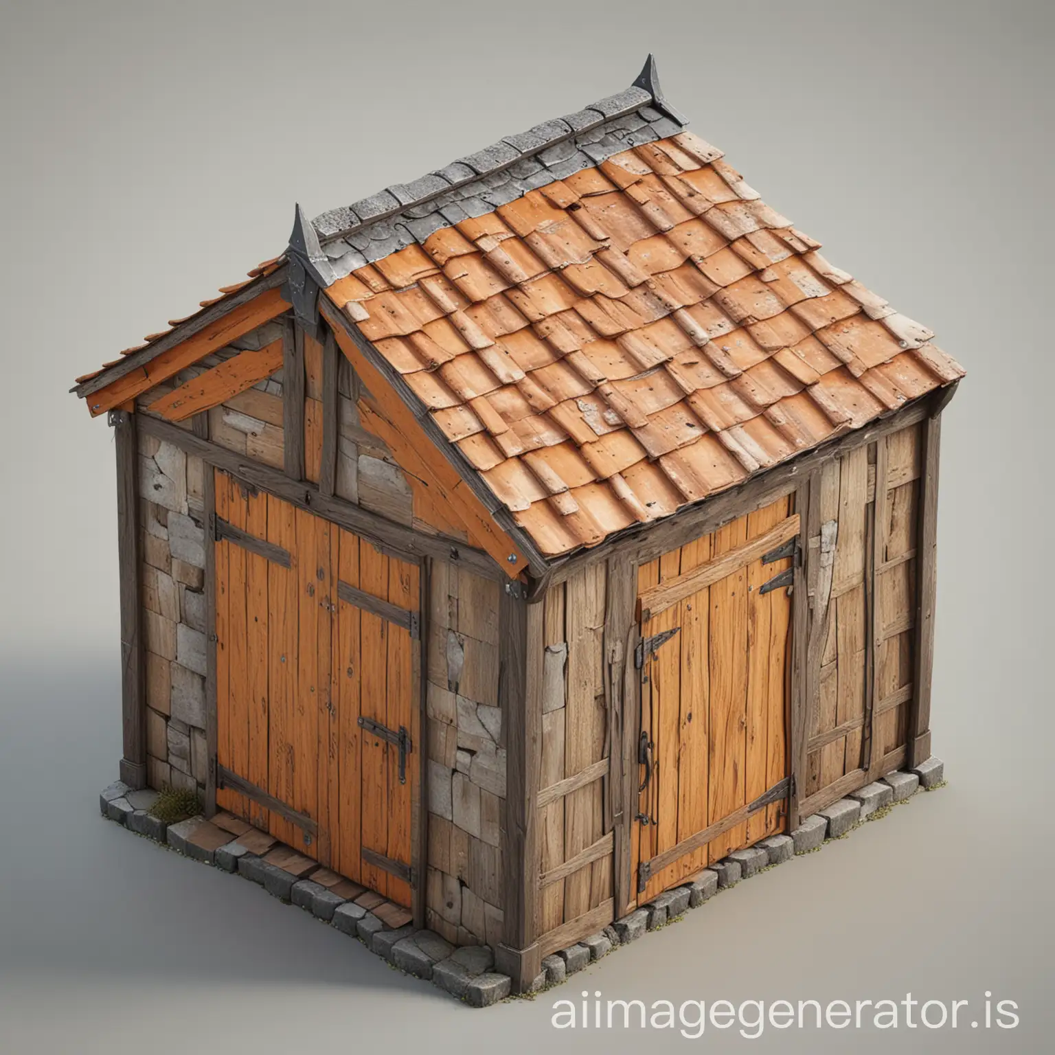 realistic pbr render of topdown isometric building on white background. very small orange wooden shed in medieval style, built with wood, single door