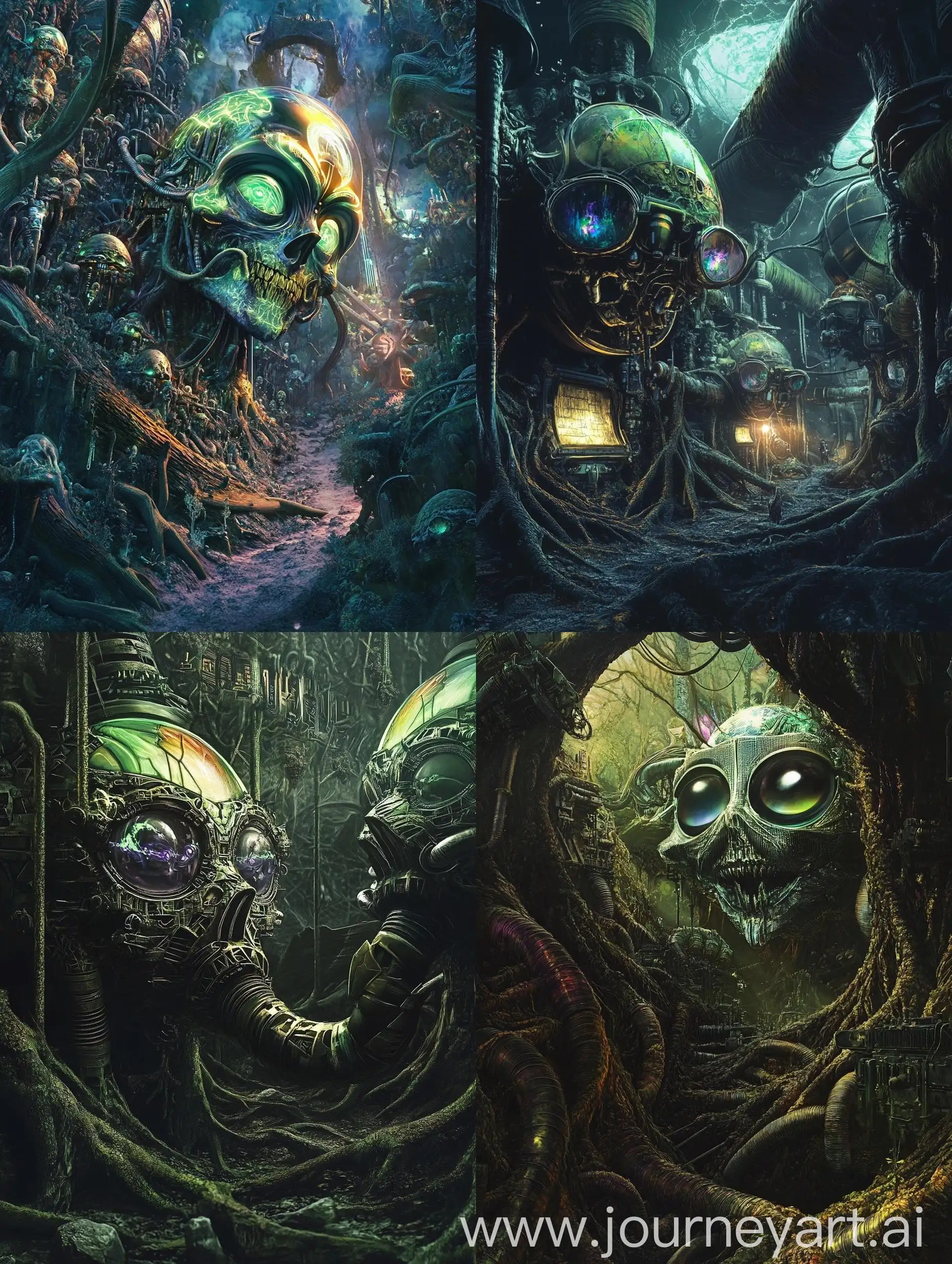 Psychedelic-Dark-Forest-with-Alien-Creatures-and-Mechanical-Elements