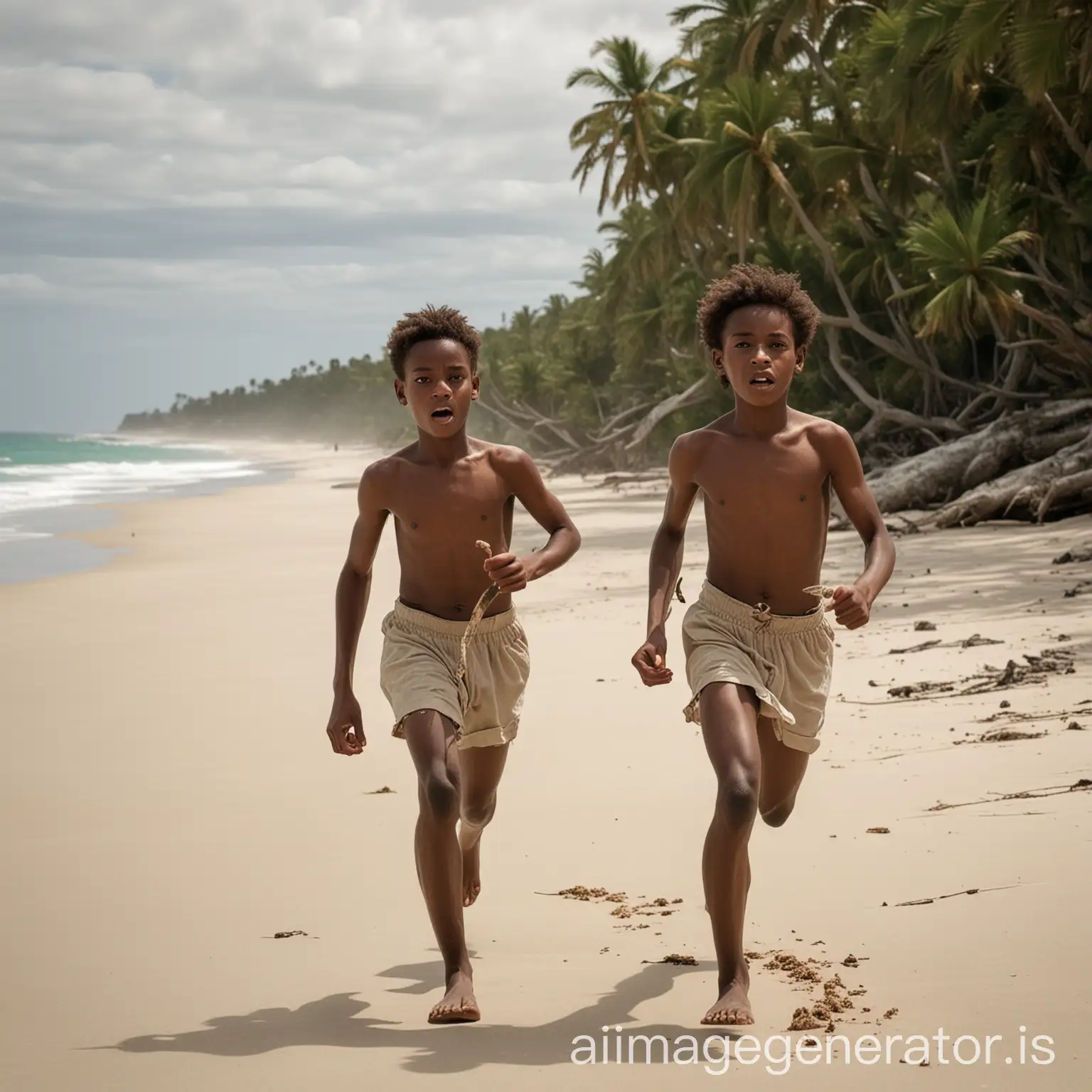 Two eleven year old boys wearing very brief slip briefs running along a deserted island beach. One boy is dark skinned. One boy is light skinned and they are both young slim and lean. The boys are frightened because they are being chased by savage natives who are demonic looking. Carrying  clubs, spears, and lances