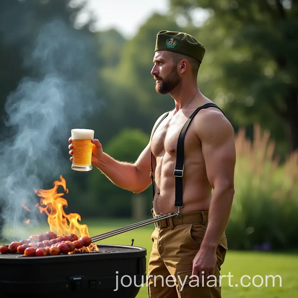 Man-Grilling-Shashlik-with-Beer-and-Bavarian-Outfit-on-a-Sunny-Lawn
