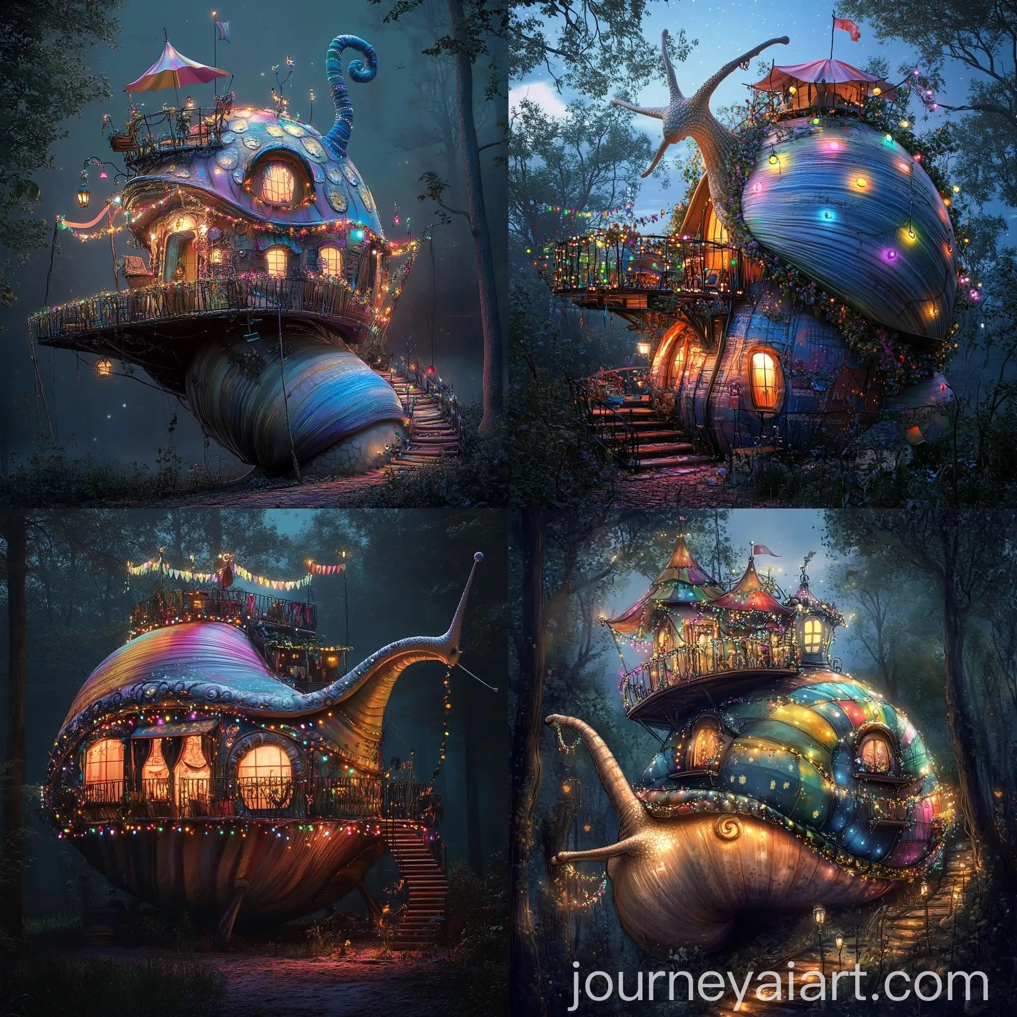 Giant-Snail-with-Festive-Tent-in-Night-Forest