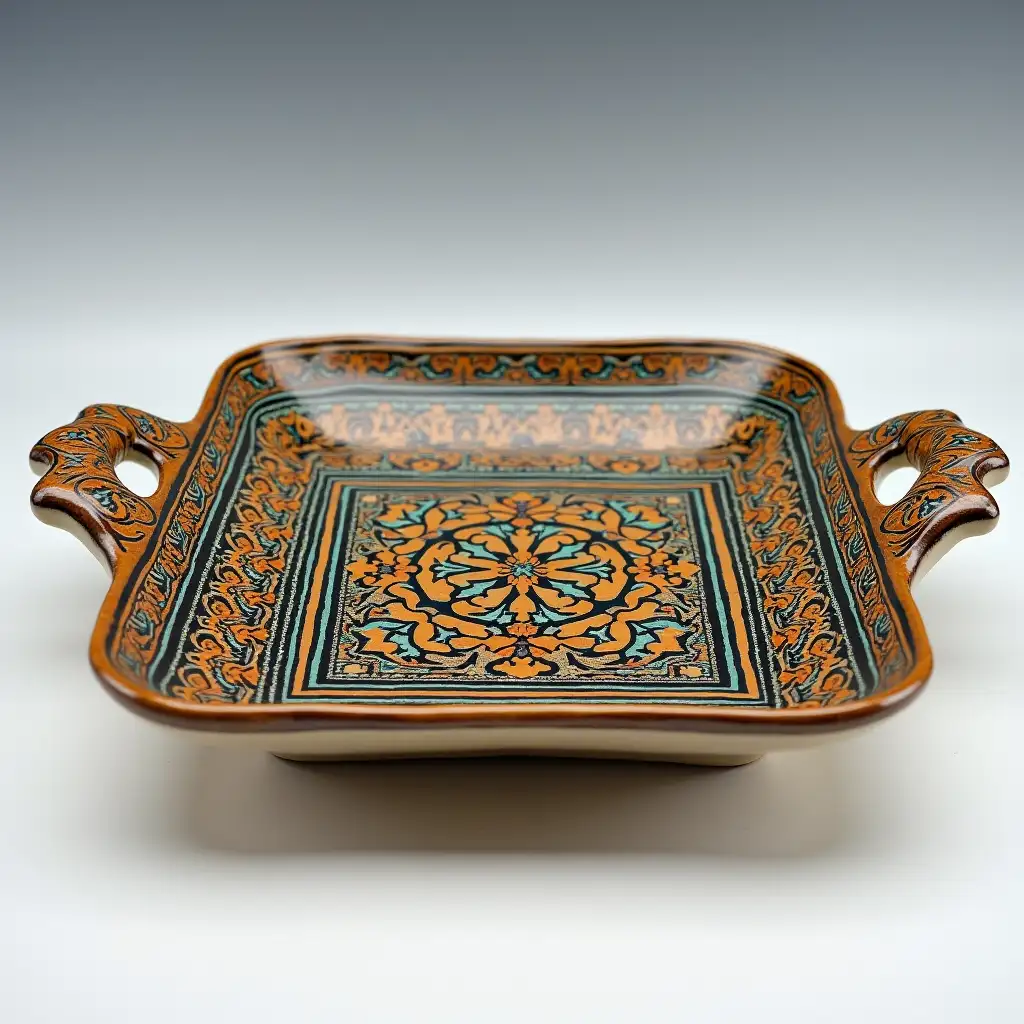 Square with rounded corners ceramic serving dish withe embossed beautiful handle, antique and old, Qajar art, Iranian Tabriz carpet design