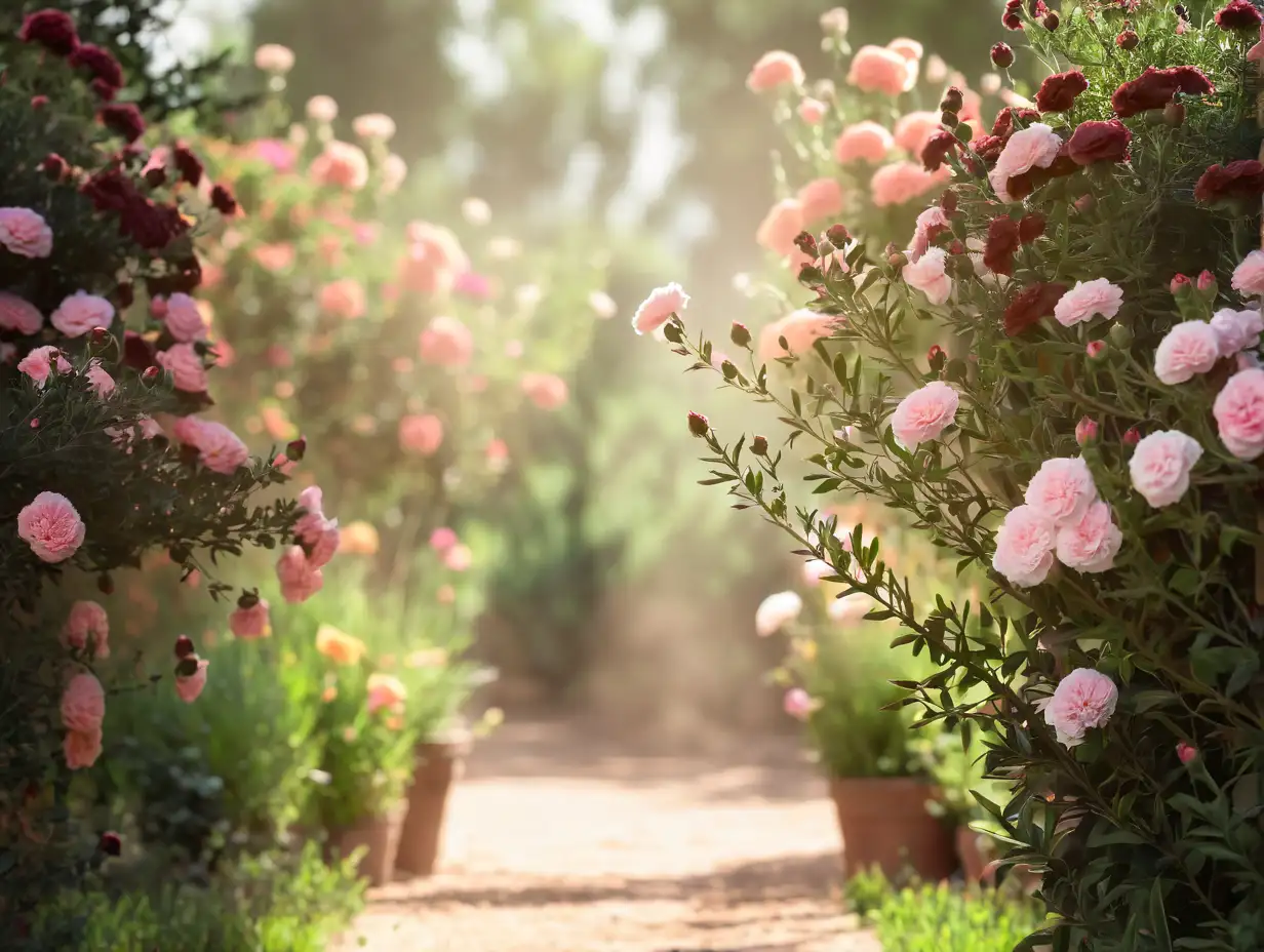 Natural Light Path Through Summer Garden with Flowers