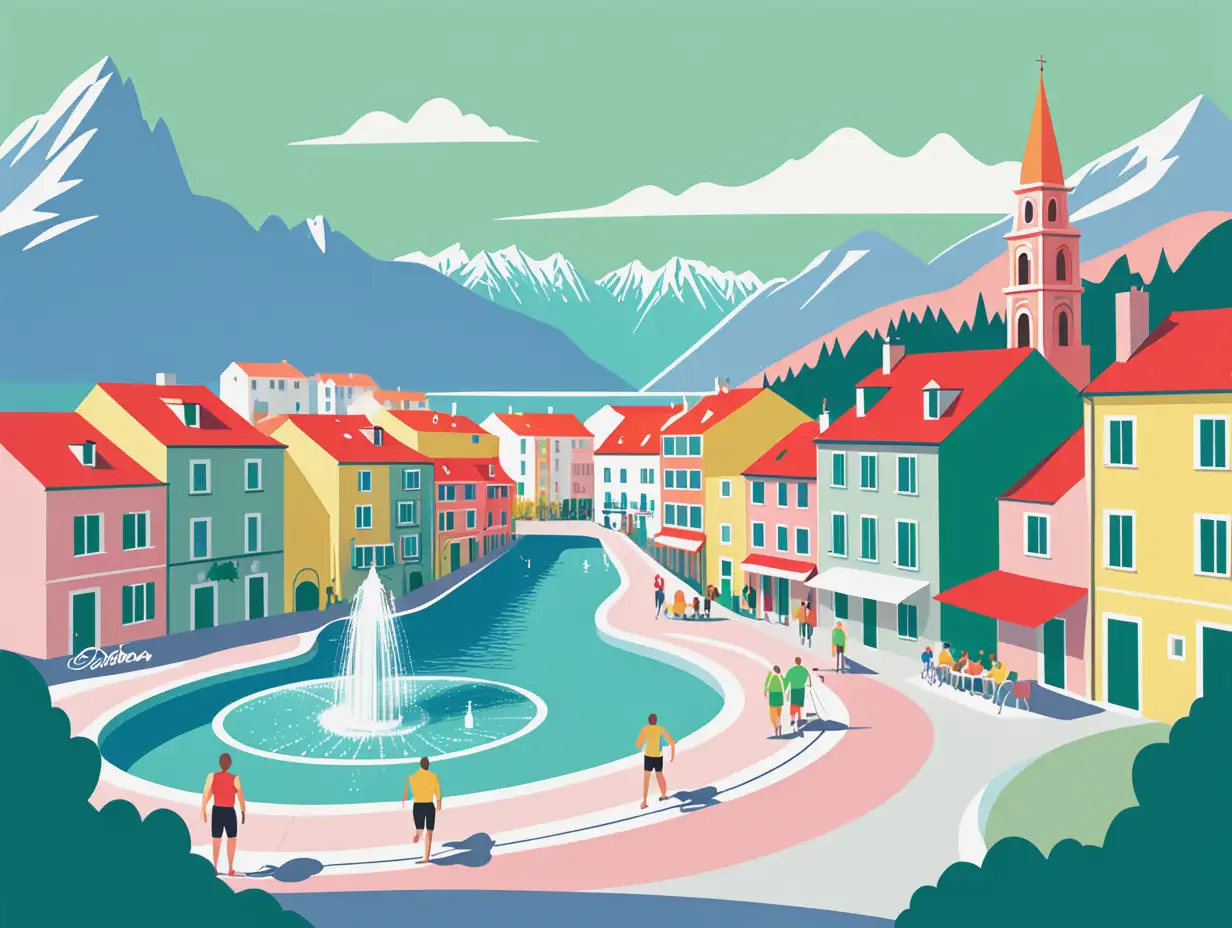 simple vector drawing of an European city full of attractions showing houses with a fountain in one side and the sea in the other side with swimmer and sailer and mountains hikers in the background. Use pastel colors like green, red, blue and yellow