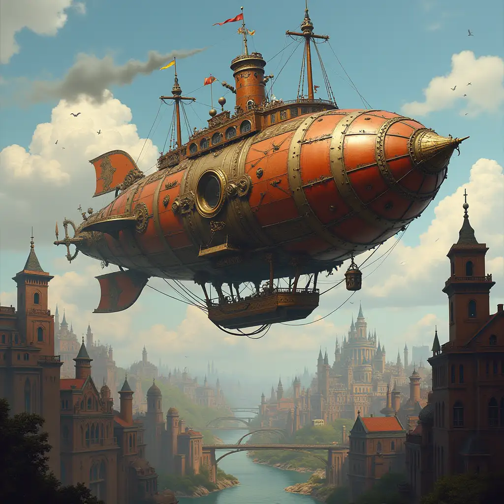 Steampunk-Airship-Flying-Above-a-Futuristic-Steampunk-City