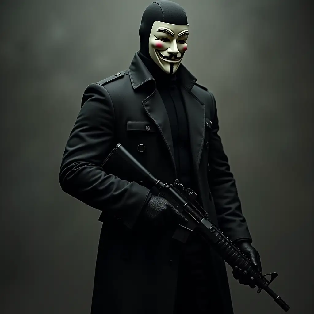 Use the Guy Fawkes mask,and create a modern version of the v for vendetta character, make him muscular built,in a black tactical uniform