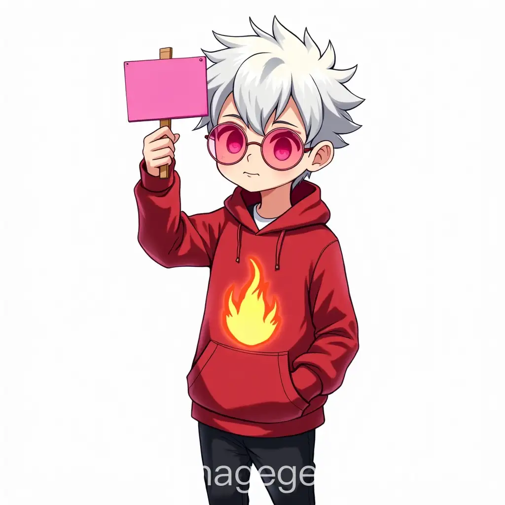 A drawing of a boy wearing a red hoodie with flame on it with white hair and black pants and pink sunglasses and white background holding a pink sign