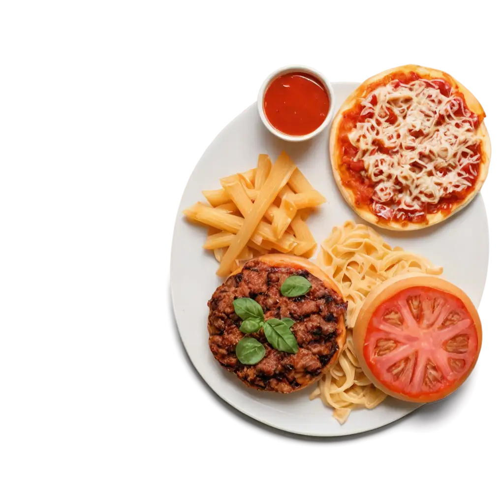 Delicious-Burger-Pizza-and-Pasta-on-Single-White-Plate-PNG-Image