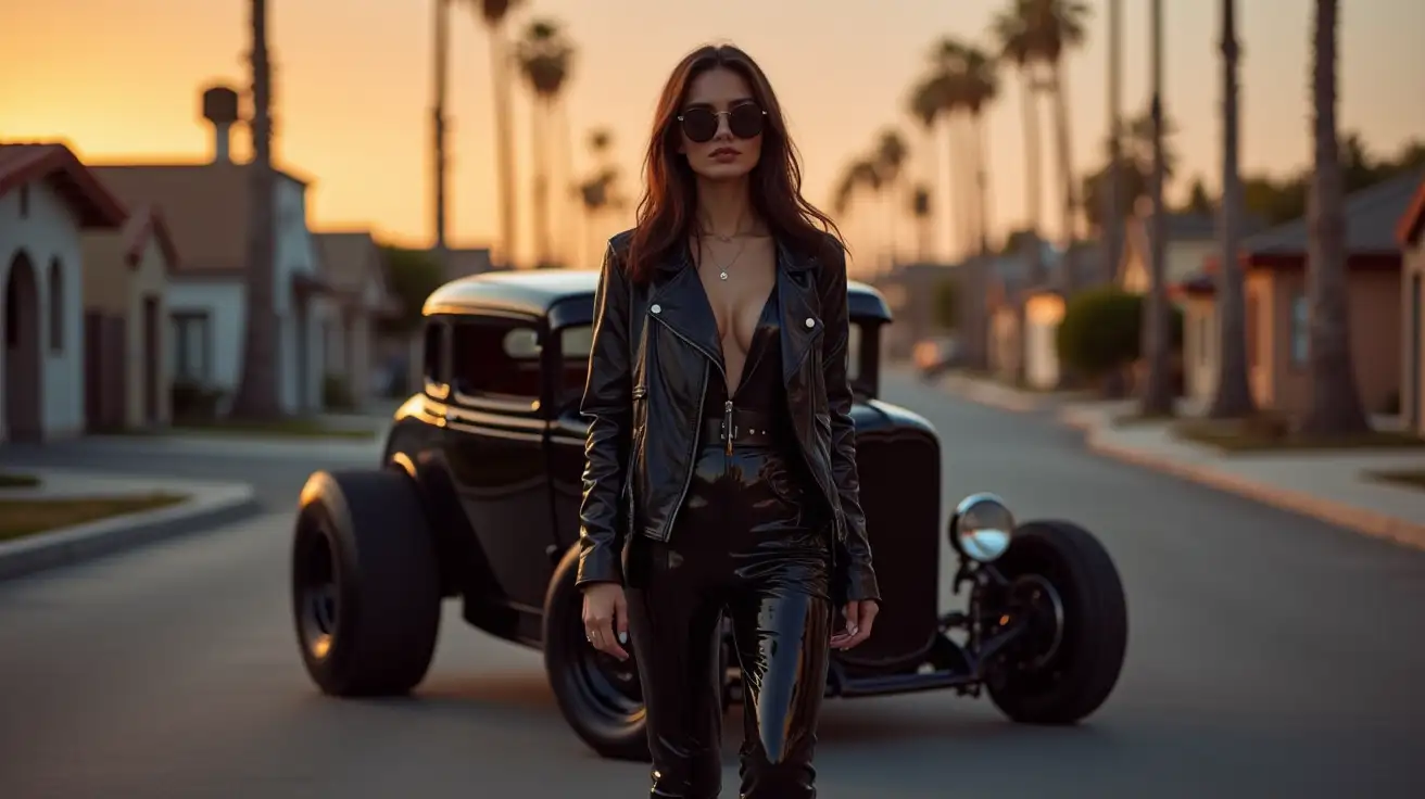 Woman-in-Black-PVC-Outfit-Standing-by-Ford-32-Hot-Rod-on-Californian-Street-at-Dusk