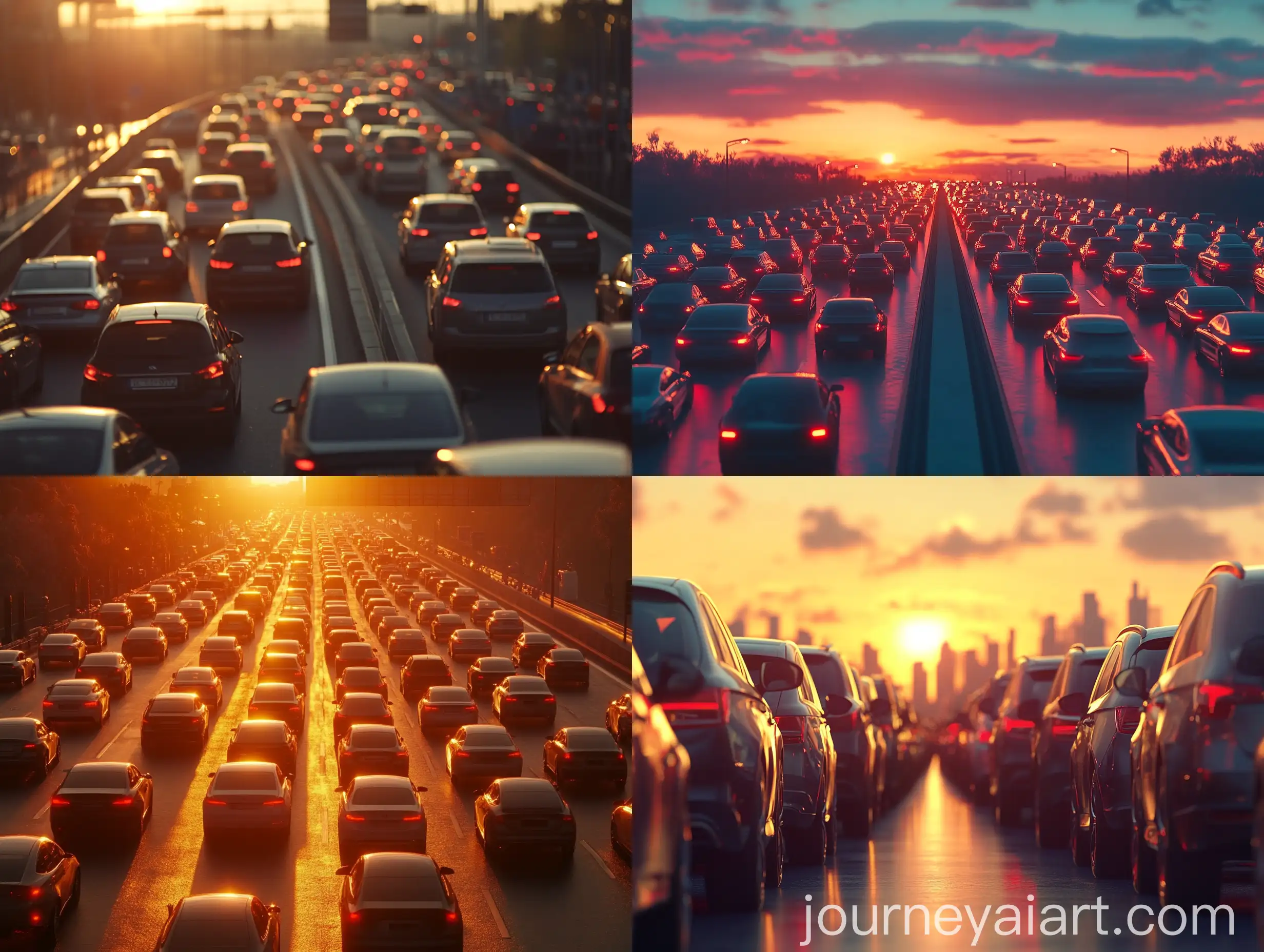 Sunset-Traffic-Jam-on-Wide-Autobahn-with-Row-of-Cars