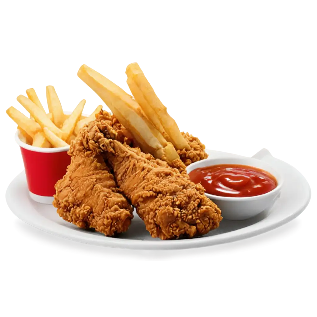 Kfc chicken , french fries and sauce in a plate