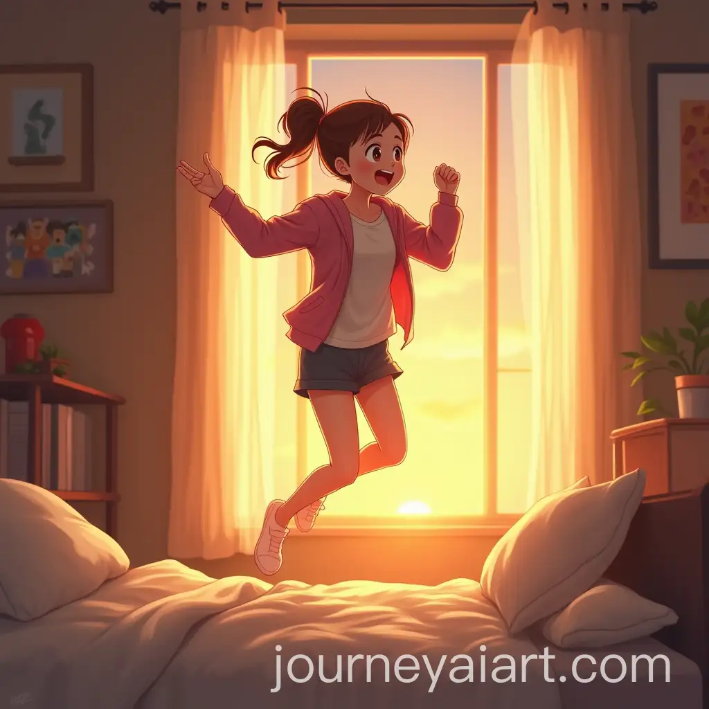 Young-Woman-Excitedly-Waking-Up-at-Dawn-in-Cozy-Modern-Room