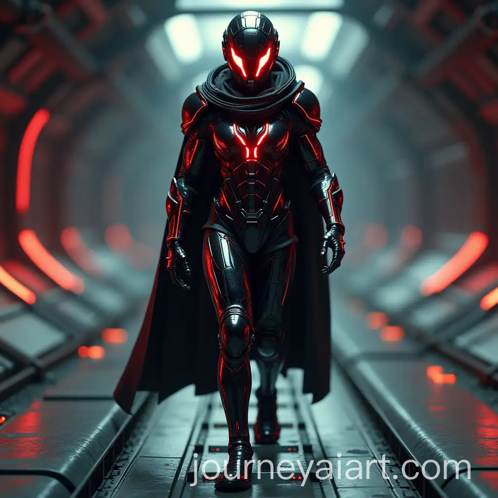 Scorpio-Cyborg-in-Black-and-Red-Costume-Walking-in-Spaceship