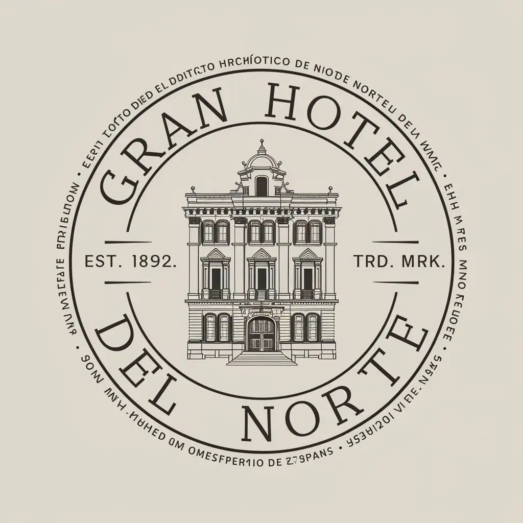 a vector logo design,with the text "Gran Hotel del Norte", main symbol:A vintage style logo for a hotel named "Gran Hotel del Norte". The logo features an elegant, old building in the center with intricate architectural details, including multiple windows and a small dome on top. Surrounding the building is a circular border with the text "Gran Hotel del Norte" prominently displayed. Additional text within the border includes "Est. 1892" at the bottom center, "TRD MRK" on either side of the building, and "Establecido en 1892 por el Distrito Histórico del Norte de España" written along the outer edge of the circle. The design should have an antique and classic feel with simple, clean lines, reminiscent of traditional emblems and seals, reflecting the historic and luxurious nature of the hotel.,Moderate,be used in Travel industry,clear background