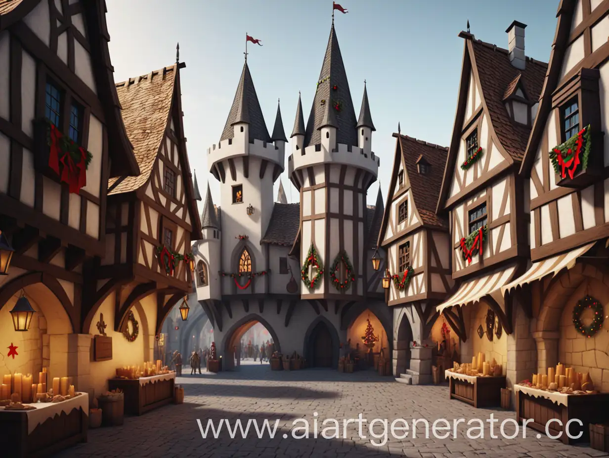 
A medieval fantasy city decorated for a holiday, a day