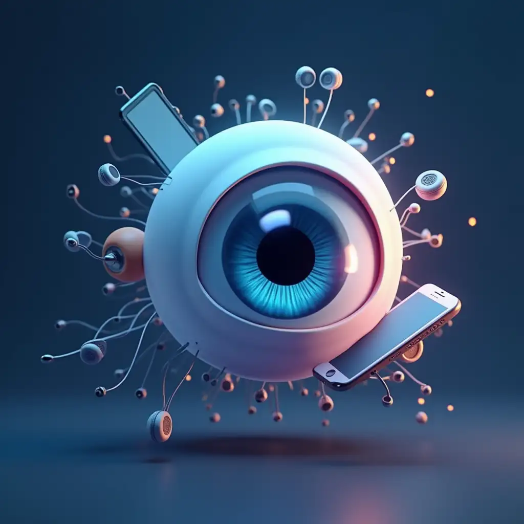 eye, gadgets, mobile phone, TV, computer screen, devices affect the functioning of the eye, worsening its visibility Light background. Logo style is 3D graphics, realistic.