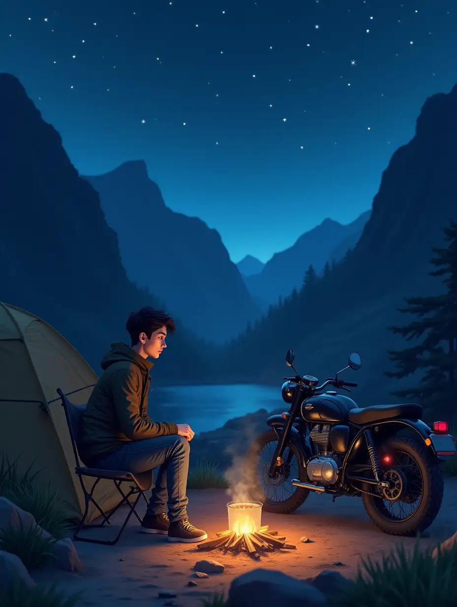 An animated drone-shot view of a serene mountain campsite at night, lit softly by the glow of a small fire and a starlit sky. A tall, handsome young man is sitting on a camping chair near a cozy tent, preparing noodles in a compact cooking pot over the fire. His stylish, well-fitted outdoor clothing includes a sleek jacket and rugged jeans, complementing his smart and adventurous look. His face is partially turned, revealing only a side view, as he focuses on the cooking. A short distance away, his Royal Enfield is parked neatly along the rugged trail, with a travel bag securely fastened to the bike. The surrounding terrain features towering mountains and a gentle valley below, while the distant river reflects the twinkling stars. The scene is brought to life with anime-style visuals, capturing the perfect blend of solitude, adventure, and tranquility.