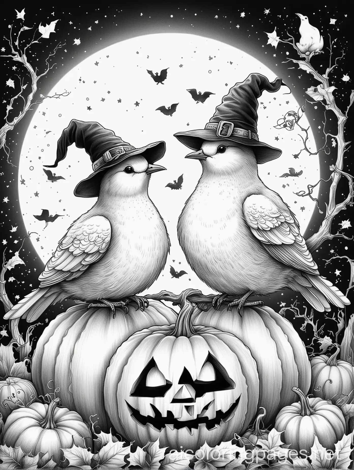 Witch-Hat-Doves-Perched-on-JackoLanterns-Under-a-Full-Moon