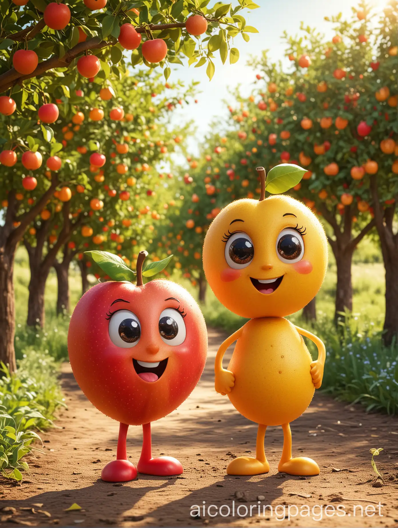 Adorable-Cartoon-Fruit-Characters-in-a-Sunlit-Orchard