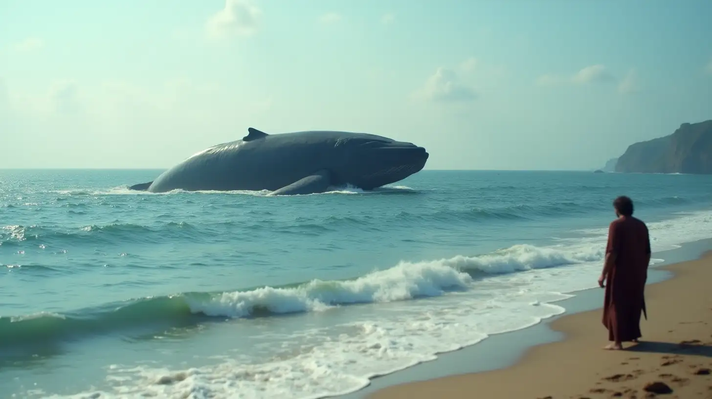 Biblical Era Seaside View with a Retreating Whale and a Man on the Beach