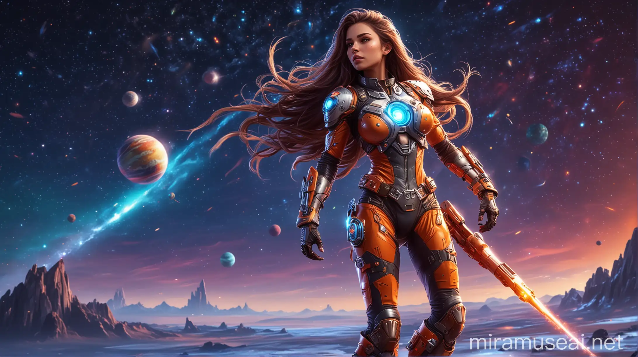 Vibrant Valkyrie in Futuristic Fitness Spacesuit Against a Cosmic Backdrop