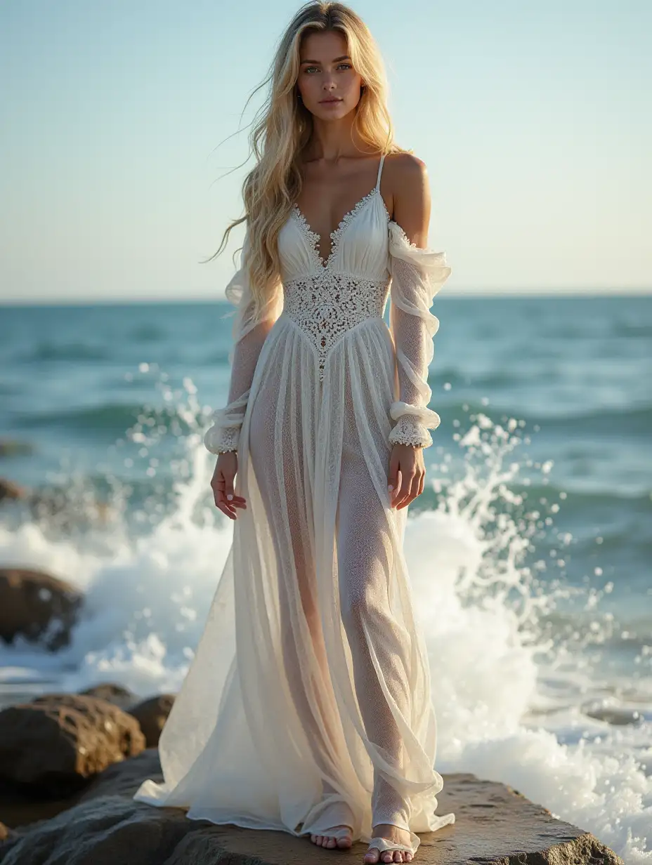 Russian girl, beautiful, blonde, long hair, 19 years old, long white lace dress with sunlight, long sleeves, bare shoulder, full body, realistic image, standing on a rock, smooth gray rocks, behind her sea waves, water hitting rocks, water splashing, air