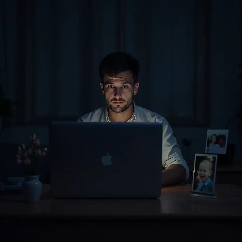 Husband's late night work scene - he sits in front of the computer, the light is dim, his eyes are tired but still focused on working. There is a picture of his child on the table, symbolizing his sense of responsibility.