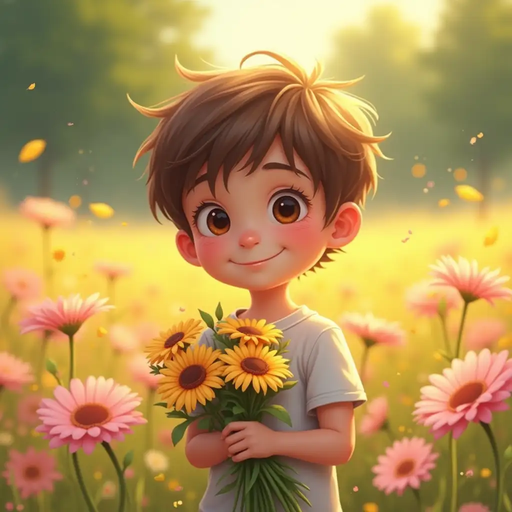 A young boy with short, tousled brown hair and large, expressive eyes stands in a sunlit flower field, holding a bouquet of fresh, colorful daisies and gerbera flowers. His gentle smile conveys warmth and innocence. The background is filled with soft-focus pink and yellow blossoms, with tall green trees in the distance. The golden light of the late afternoon sun filters through the leaves, creating a dreamy, fairytale-like atmosphere. The scene has a soft, painterly quality, emphasizing warmth and joy.