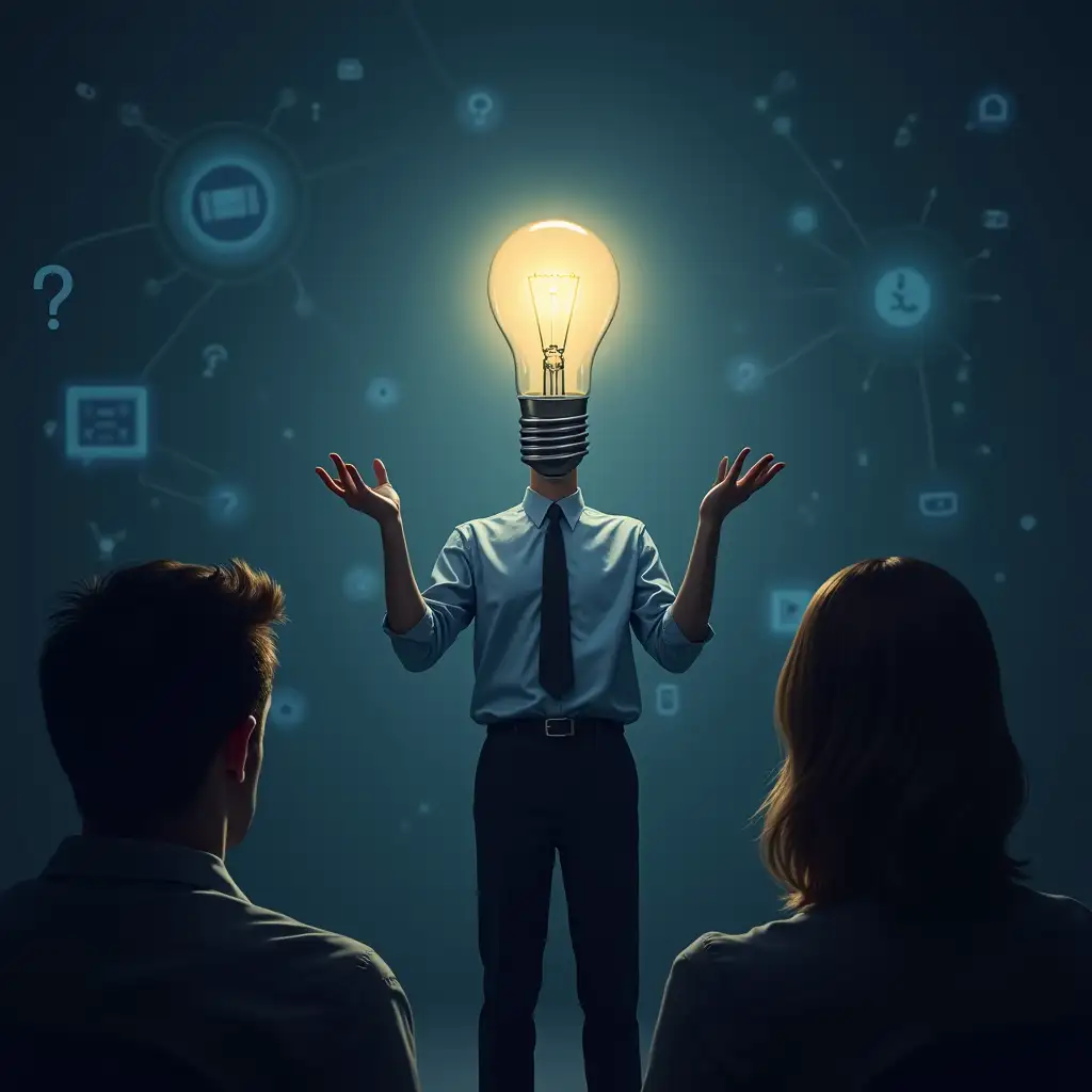 show confused users being enlightened by a IT technician looks like a lightbulb