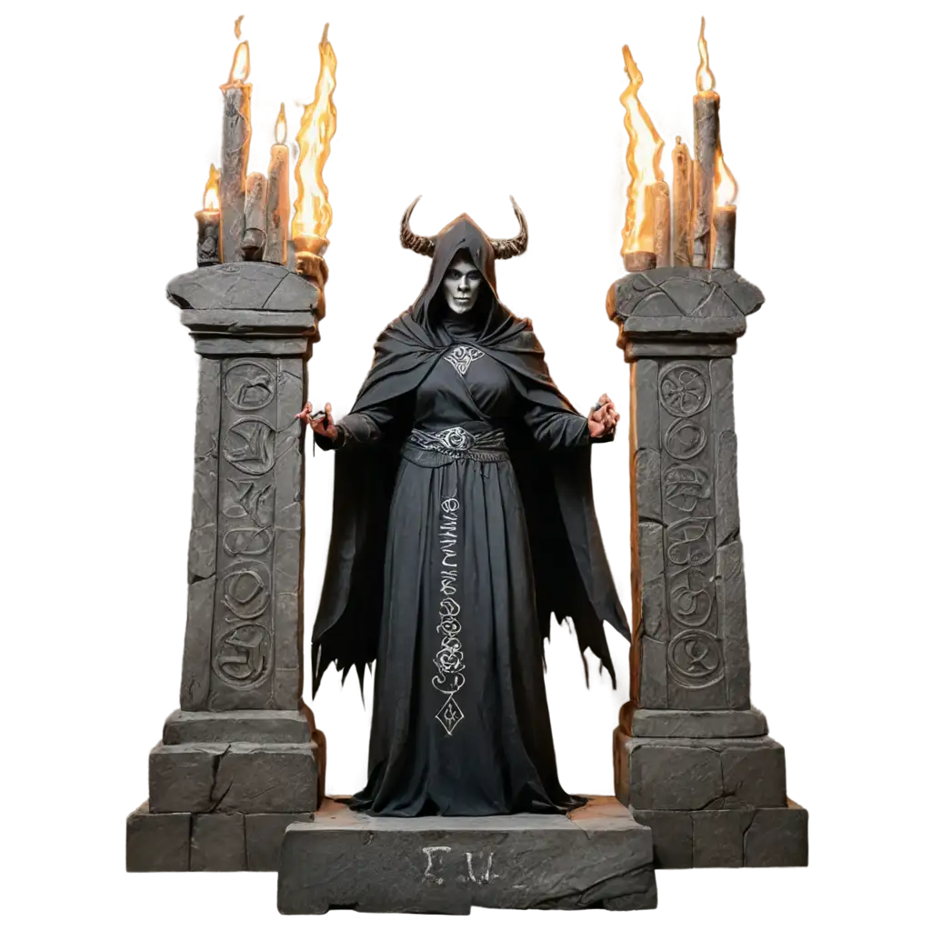 wraith standing in front of a stone altar, runic lettering, torches on each side