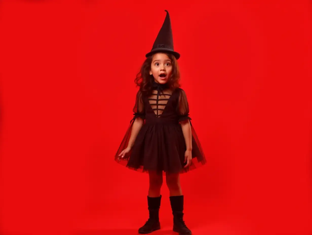 Adorable hispanic girl wearing halloween costume standing with surprise expression over isolated red background