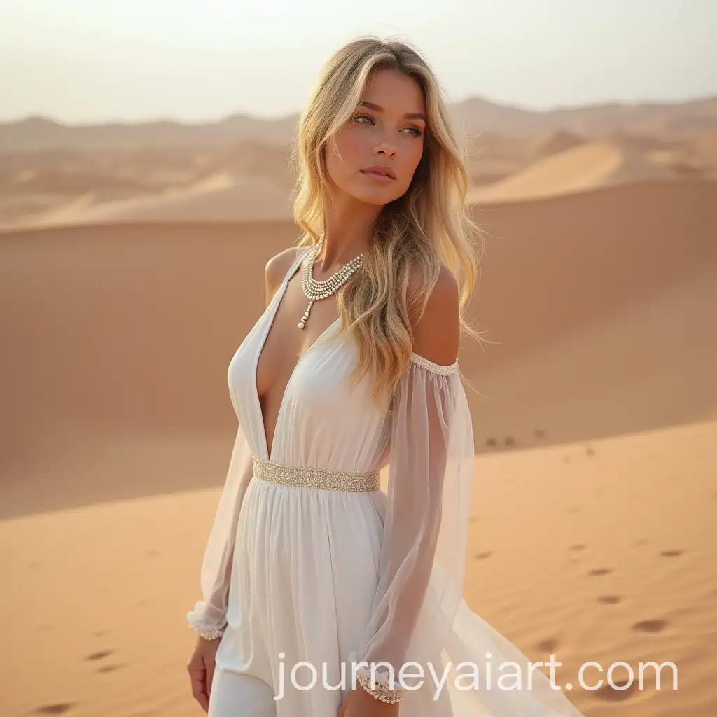 Elegant-Woman-in-PearlAdorned-White-Dress-Amid-Desert-Landscape