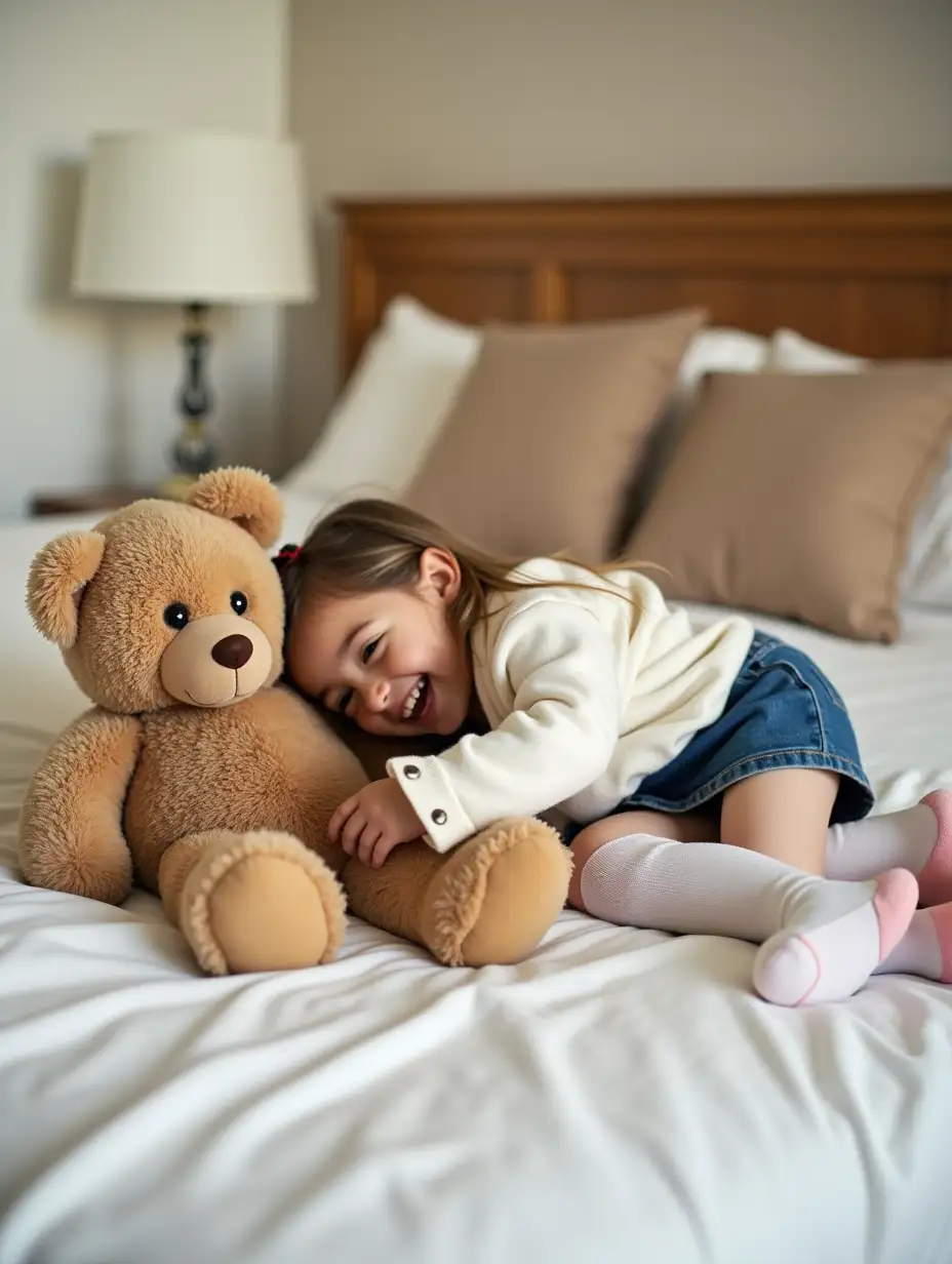 Young-Girl-Playing-with-Giant-Teddy-Bears-on-a-Cozy-Bed