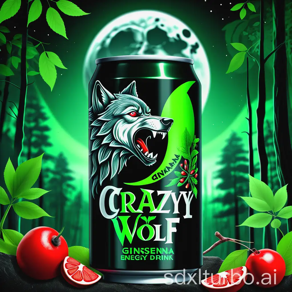 draw a can of 'CRAZY WOLF' energy drink with 'Ginseng Guarana' flavor . The can is black-green and has the stylized image of a wolf head on it. The can is surrounded by Ginseng roots and Guaraná fruits and seeds. The environment is a night forest. Everything is bathed in green light. In the background, you see a wolf howling at the moon.