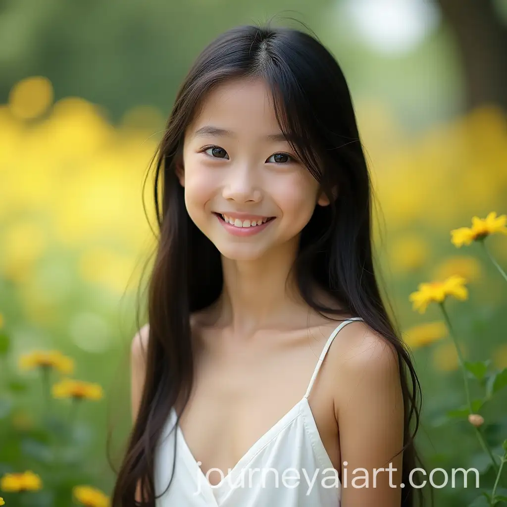 Young-Girl-in-Sundress-Posing-in-Front-of-Green-Trees-and-Yellow-Flowers