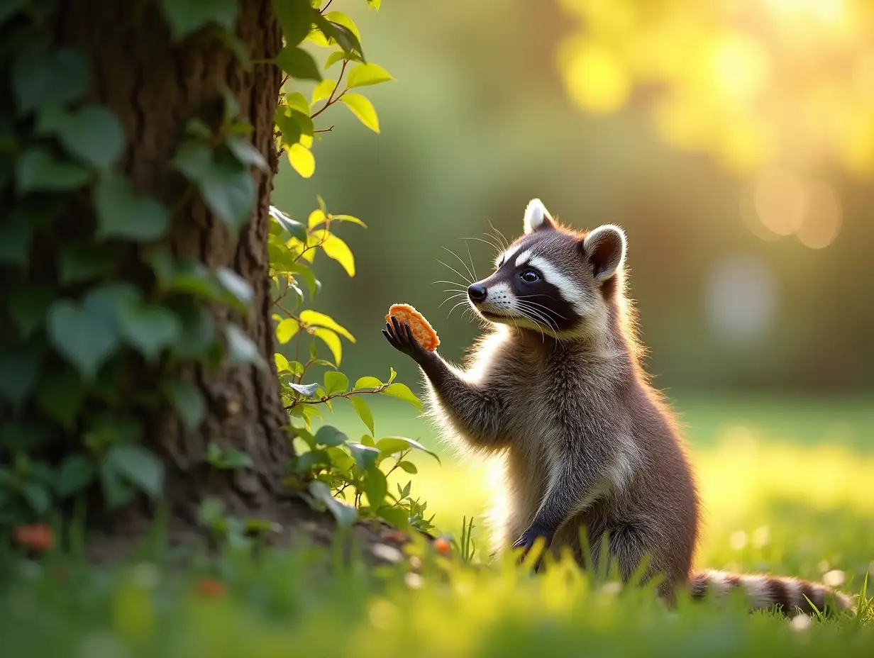 The mother raccoon stands on her hind legs near the bush, holding a piece of pancake in one paw and waving her other tiny paw. The backyard glows with sunlight, and the surrounding greenery adds to the feeling of a peaceful and happy ending.